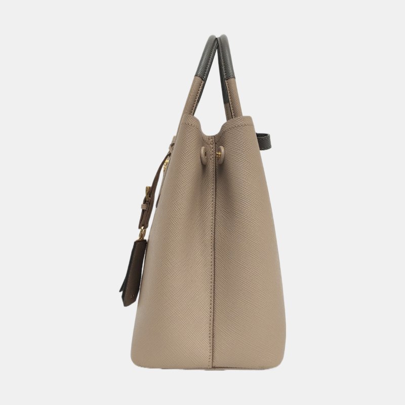 PRADA Double卡其色牛皮徽標十字紋單肩包手提包斜挎包金色五金可拆卸肩帶-2