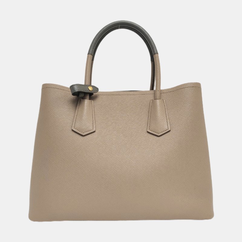 PRADA Double卡其色牛皮徽標十字紋單肩包手提包斜挎包金色五金可拆卸肩帶-4