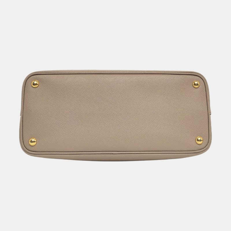 PRADA Double卡其色牛皮徽標十字紋單肩包手提包斜挎包金色五金可拆卸肩帶-5