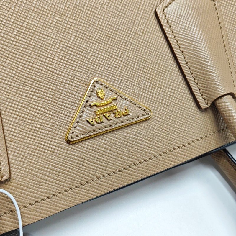 PRADA Double卡其色牛皮徽標十字紋單肩包手提包斜挎包金色五金可拆卸肩帶-8
