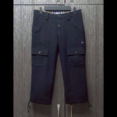 （日本製MIJ）正品BURBERRY 博柏利BLUE LABEL 藍標 戰馬 女黑色混羊毛七分褲38號