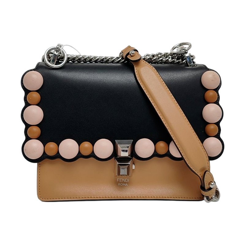 FENDI Kan I小號拼色牛皮鉚釘單肩包銀色五金可拆卸肩帶-0