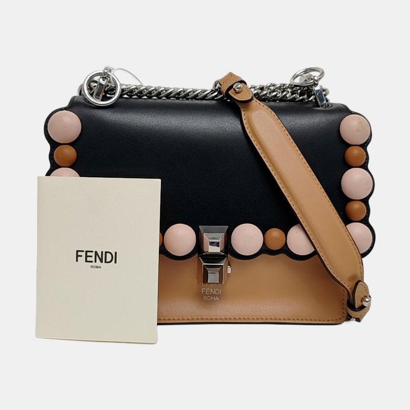 FENDI Kan I小號拼色牛皮鉚釘單肩包銀色五金可拆卸肩帶-7
