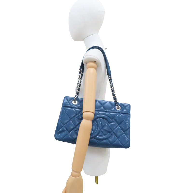 藍色 菱格紋 荔枝牛皮 CC Timeless 肩背包 銀釦【CHANEL 香奈兒】 A67294-11