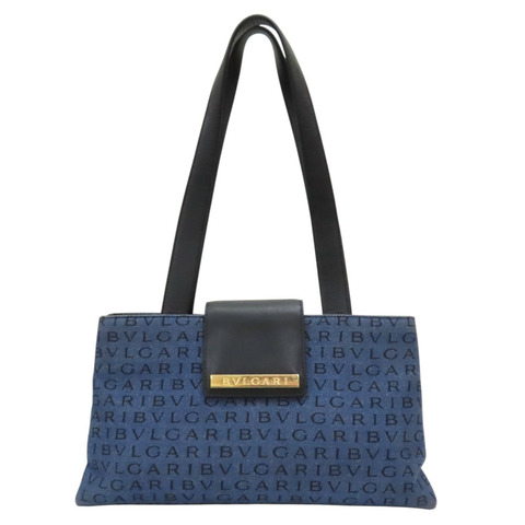 藍色 丹寧布 黑色牛皮 LOGO MANIA 肩背包【BVLGARI 寶格麗】