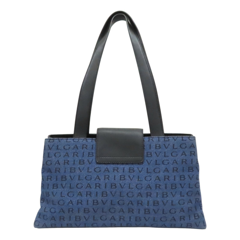 藍色 丹寧布 黑色牛皮 LOGO MANIA 肩背包【BVLGARI 寶格麗】-1