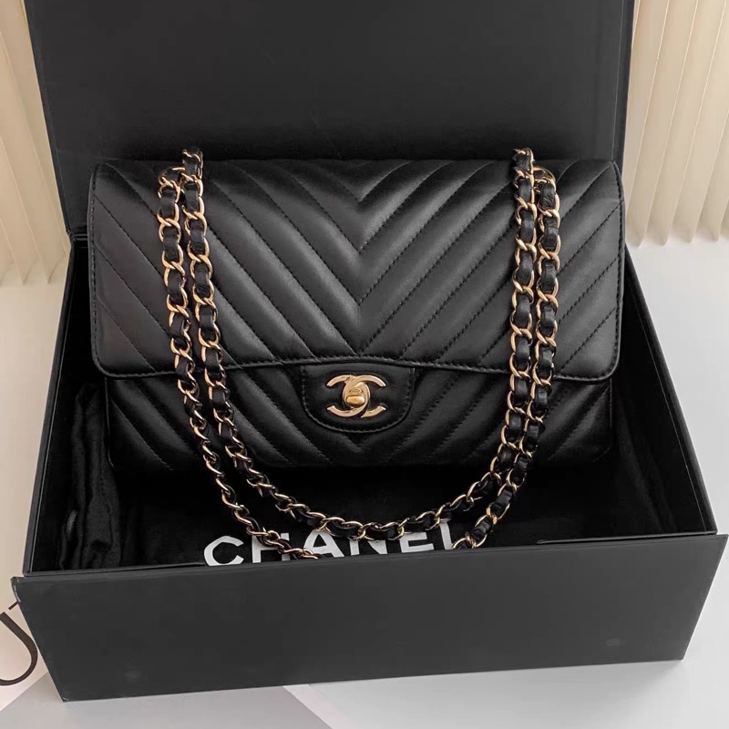 Chanel • 經典Cf 25 黑金山形紋羊皮口蓋包 中號-0