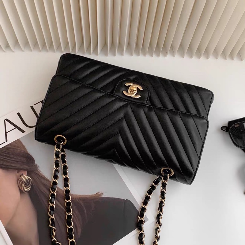 Chanel • 經典Cf 25 黑金山形紋羊皮口蓋包 中號-4