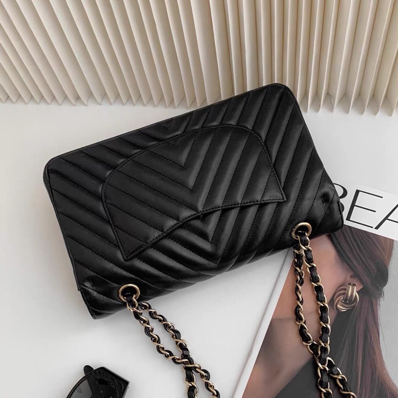 Chanel • 經典Cf 25 黑金山形紋羊皮口蓋包 中號-5