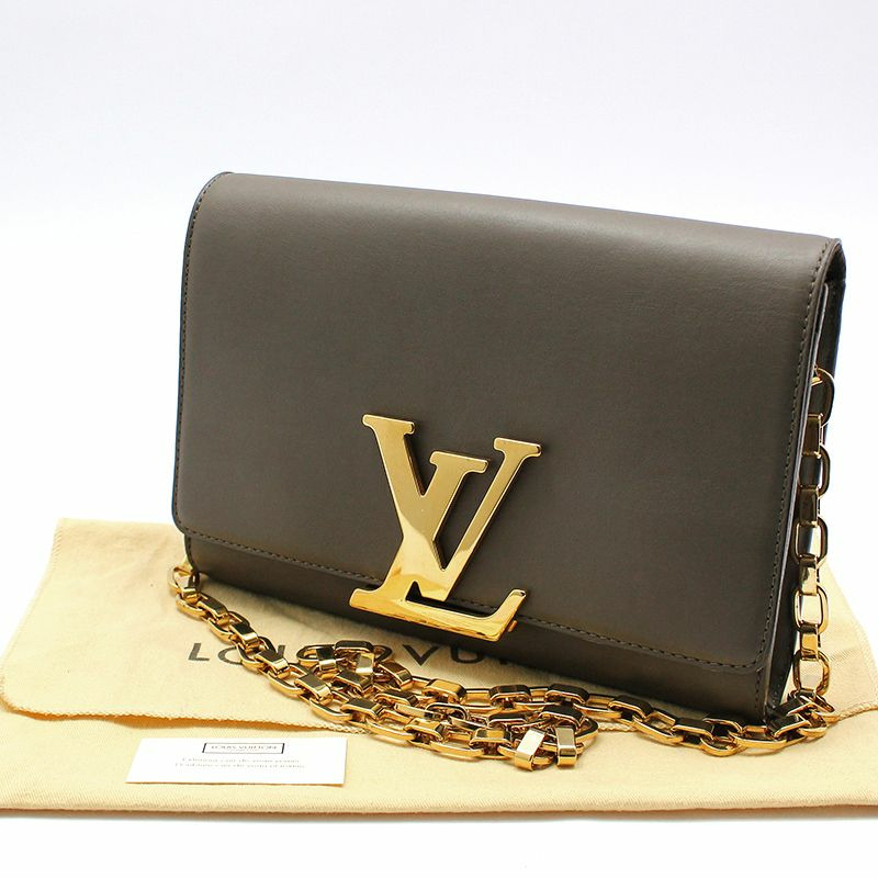 【包稅】LOUIS VUITTON 灰褐色皮革 Louise GM 金鍊單肩包-1