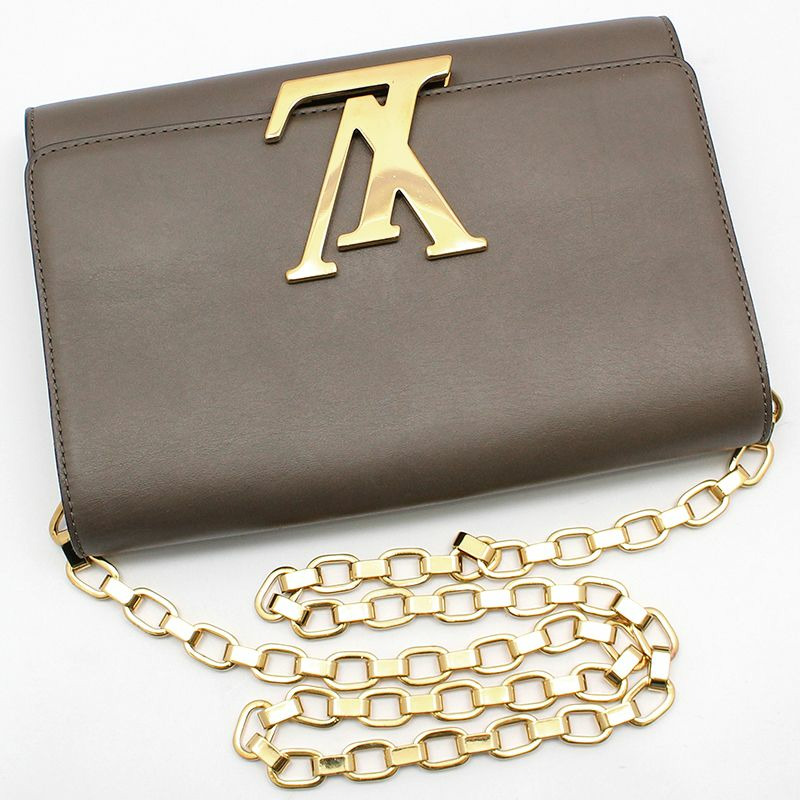 【包稅】LOUIS VUITTON 灰褐色皮革 Louise GM 金鍊單肩包-2