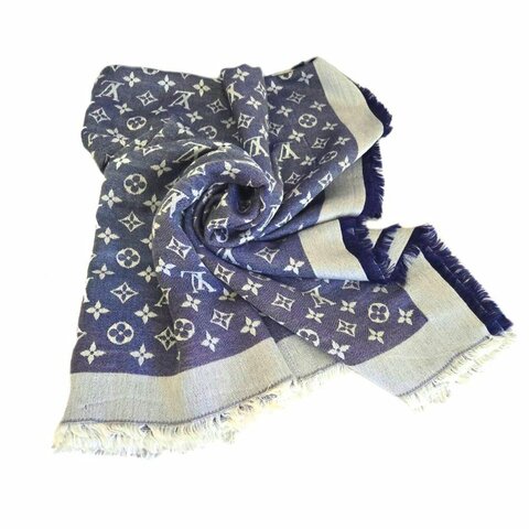 LV M71376 Monogram Denim 披肩/滿版老花/羊毛絲綢披肩/圍巾~二手