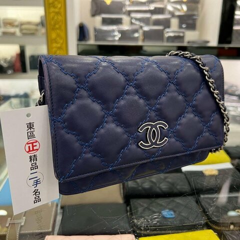 東區正精品㊣CHANEL WOC 香奈兒藍色羊皮粗線雙C銀鍊銀釦肩背包晚宴包斜背包 RZ4972