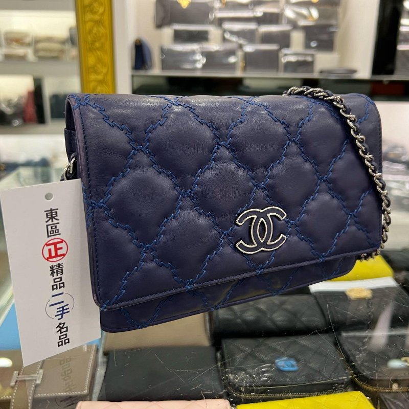 東區正精品㊣CHANEL WOC 香奈兒藍色羊皮粗線雙C銀鍊銀釦肩背包晚宴包斜背包 RZ4972-0