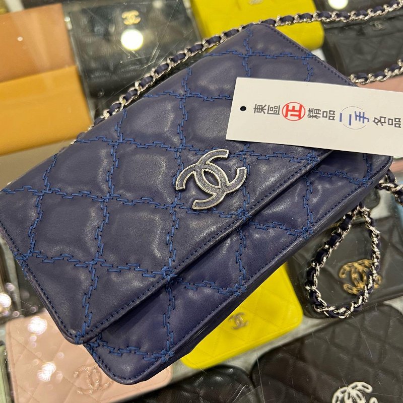 東區正精品㊣CHANEL WOC 香奈兒藍色羊皮粗線雙C銀鍊銀釦肩背包晚宴包斜背包 RZ4972-1