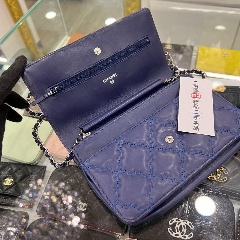 東區正精品㊣CHANEL WOC 香奈兒藍色羊皮粗線雙C銀鍊銀釦肩背包晚宴包斜背包 RZ4972-2