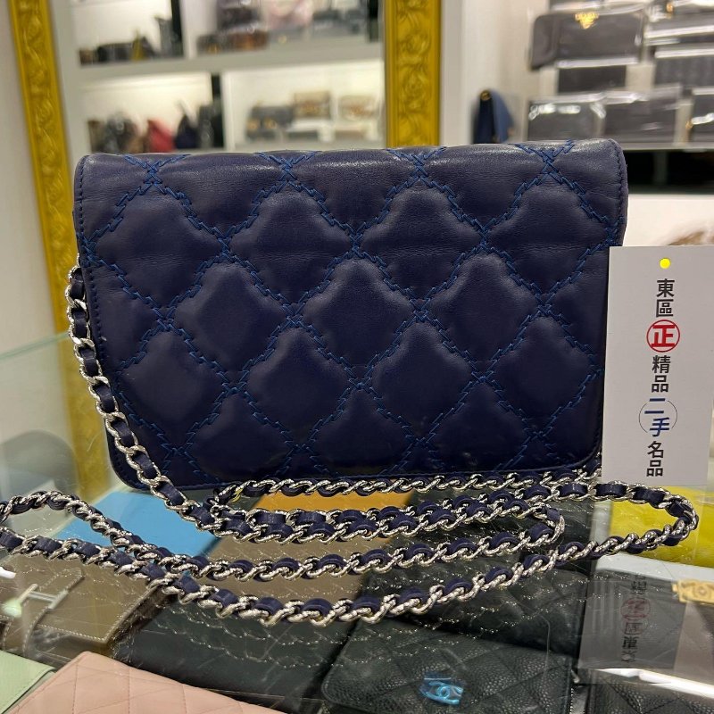 東區正精品㊣CHANEL WOC 香奈兒藍色羊皮粗線雙C銀鍊銀釦肩背包晚宴包斜背包 RZ4972-5