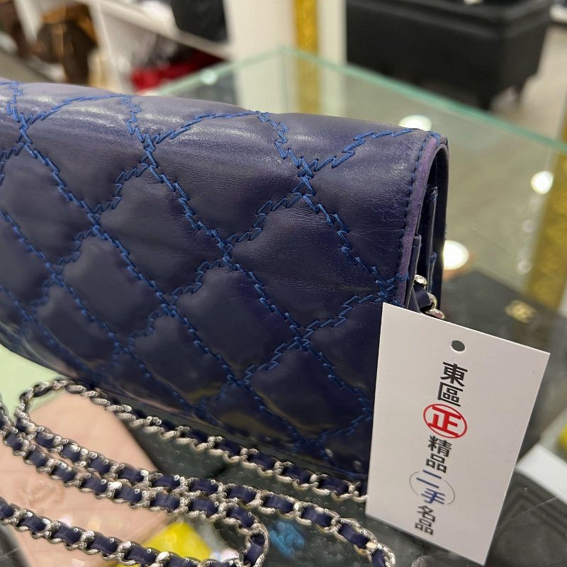 東區正精品㊣CHANEL WOC 香奈兒藍色羊皮粗線雙C銀鍊銀釦肩背包晚宴包斜背包 RZ4972-6