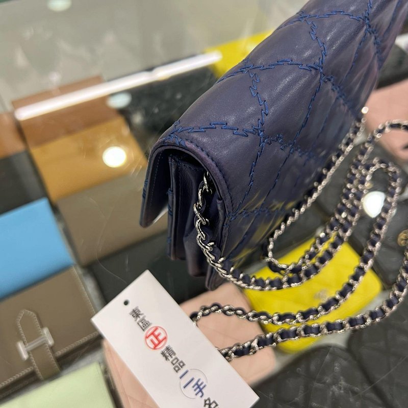 東區正精品㊣CHANEL WOC 香奈兒藍色羊皮粗線雙C銀鍊銀釦肩背包晚宴包斜背包 RZ4972-7