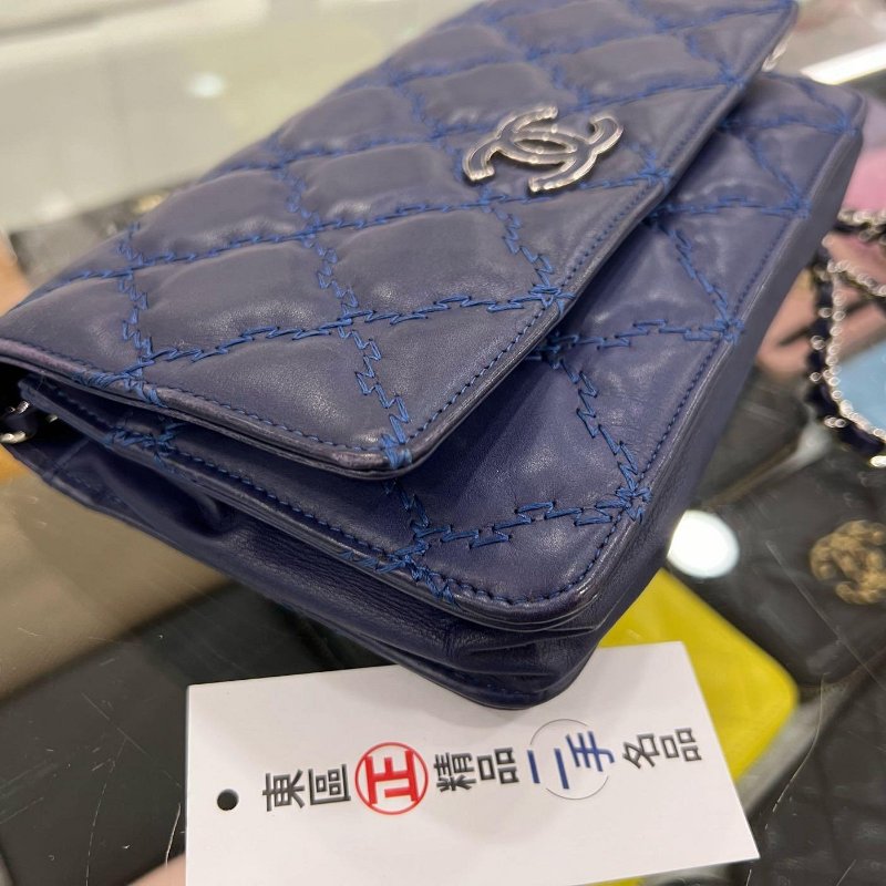 東區正精品㊣CHANEL WOC 香奈兒藍色羊皮粗線雙C銀鍊銀釦肩背包晚宴包斜背包 RZ4972-8