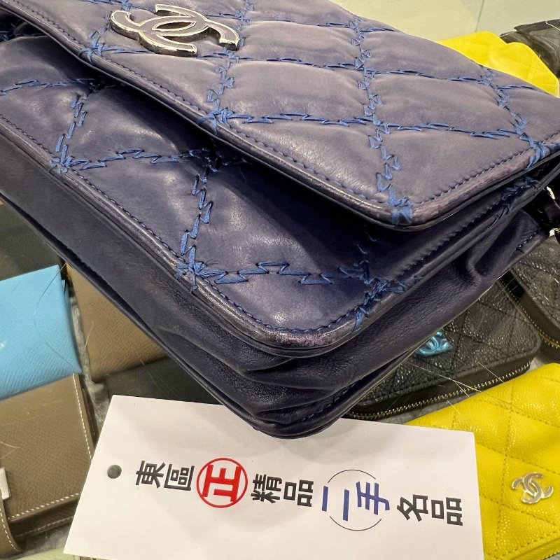 東區正精品㊣CHANEL WOC 香奈兒藍色羊皮粗線雙C銀鍊銀釦肩背包晚宴包斜背包 RZ4972-9