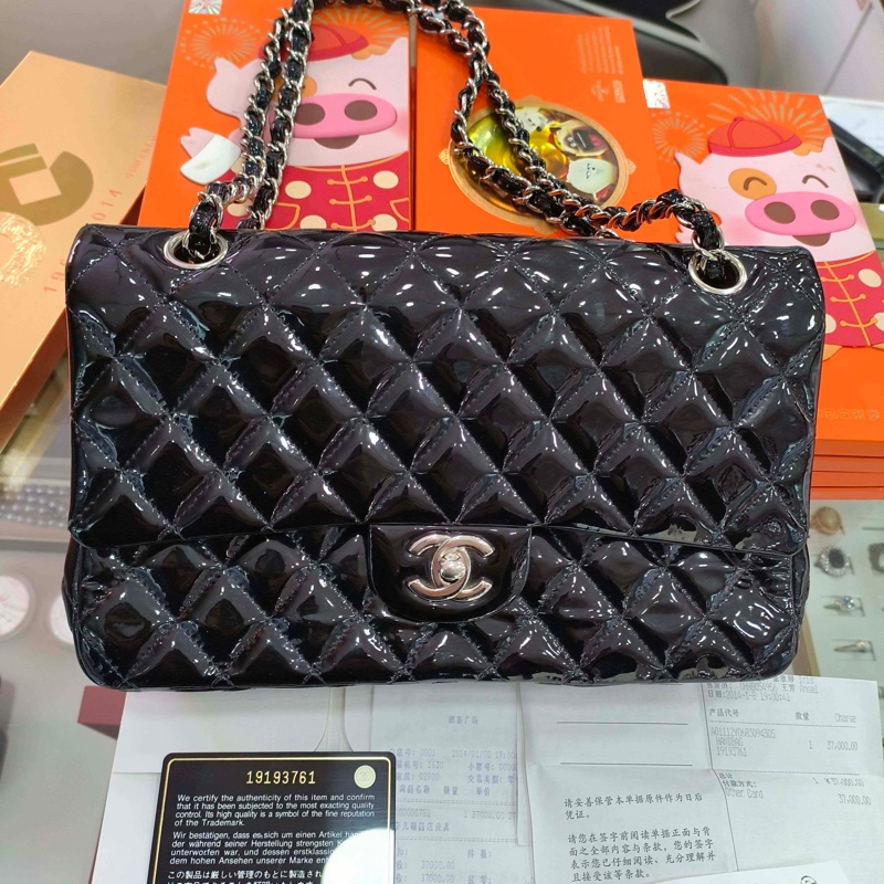 Chanel • 經典Cf 25 黑色漆皮銀釦口蓋包 中號 有購證-2