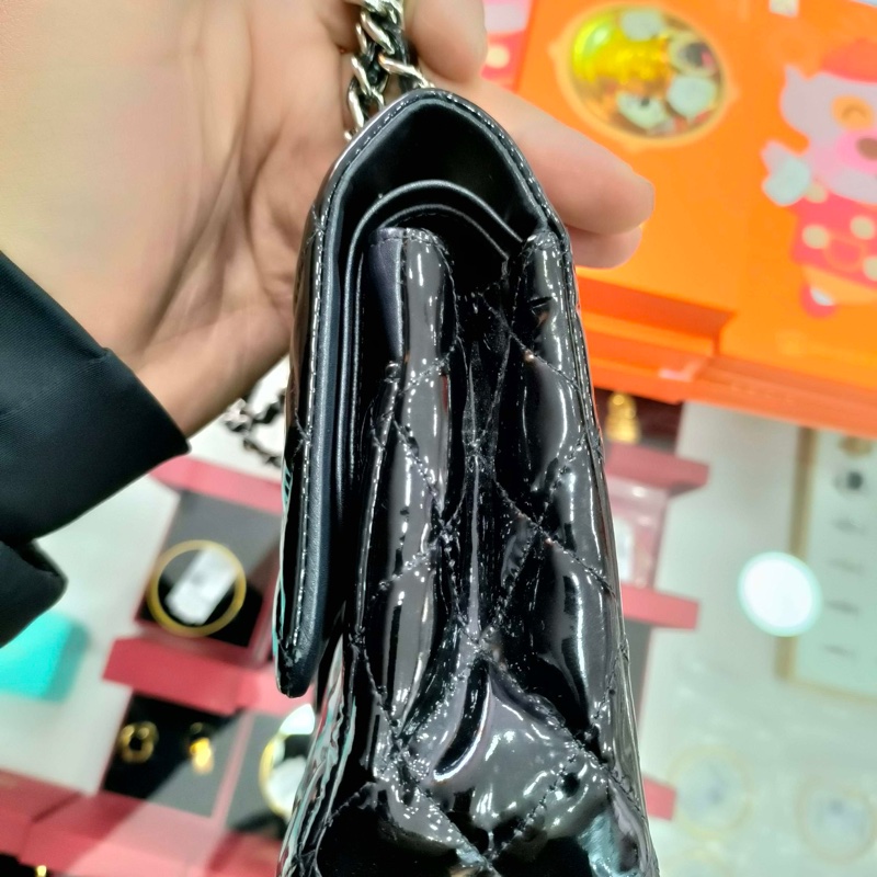 Chanel • 經典Cf 25 黑色漆皮銀釦口蓋包 中號 有購證-3