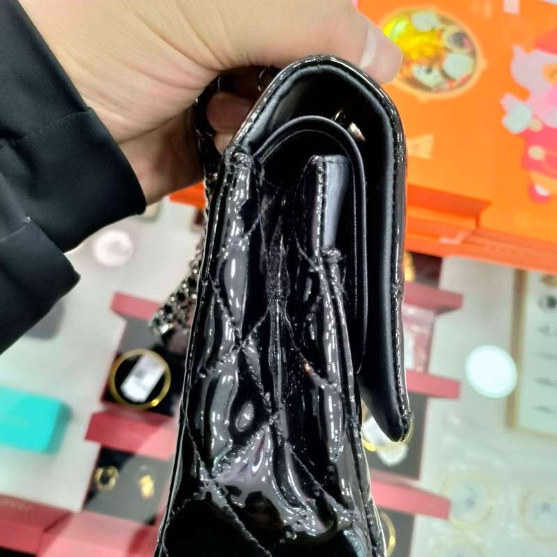 Chanel • 經典Cf 25 黑色漆皮銀釦口蓋包 中號 有購證-4