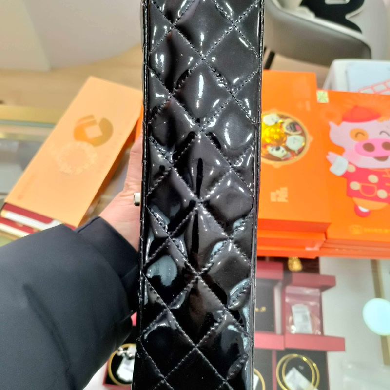 Chanel • 經典Cf 25 黑色漆皮銀釦口蓋包 中號 有購證-5