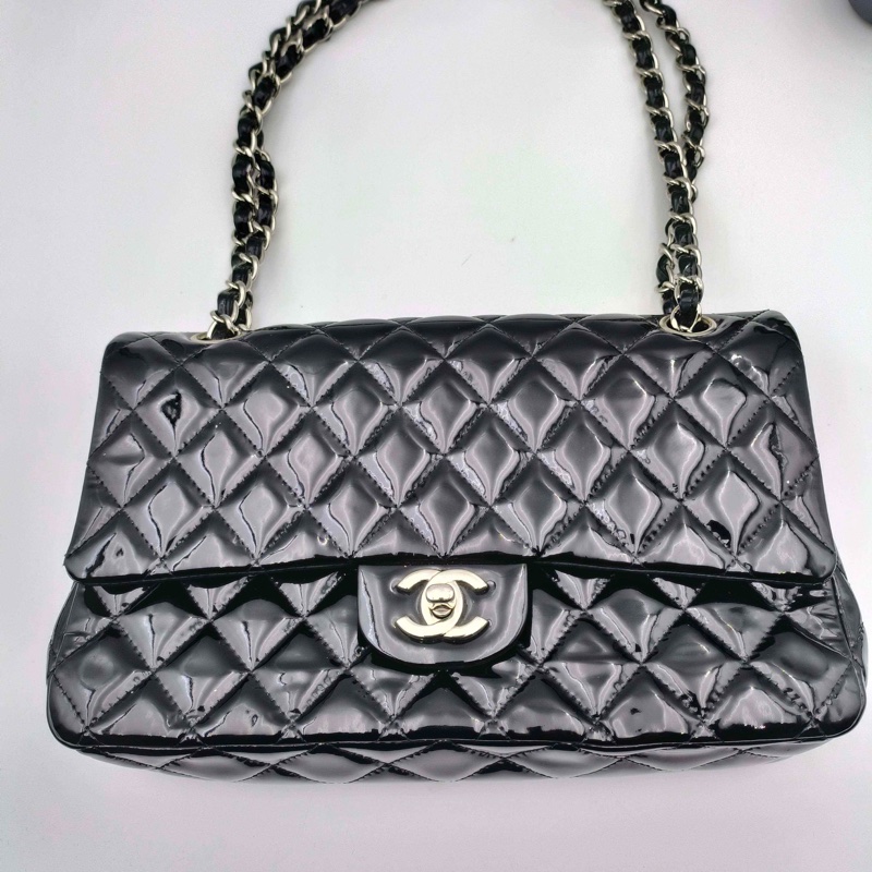 Chanel • 經典Cf 25 黑色漆皮銀釦口蓋包 中號 有購證-10