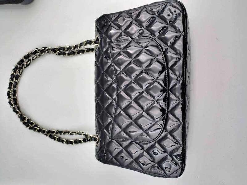 Chanel • 經典Cf 25 黑色漆皮銀釦口蓋包 中號 有購證-11