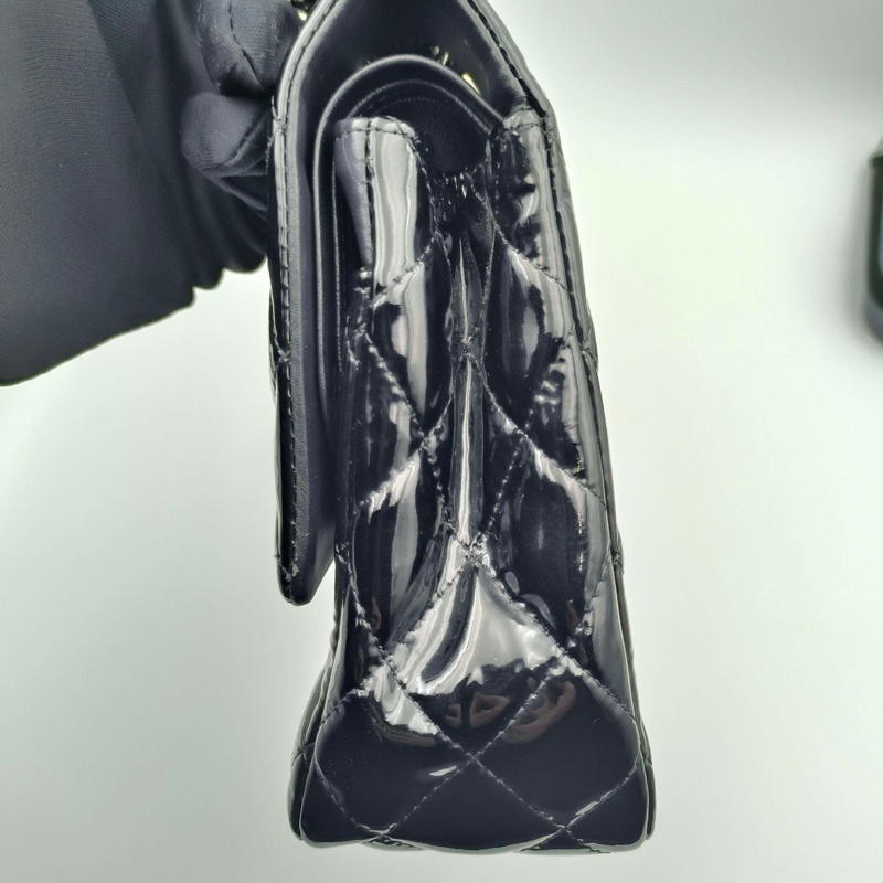 Chanel • 經典Cf 25 黑色漆皮銀釦口蓋包 中號 有購證-12