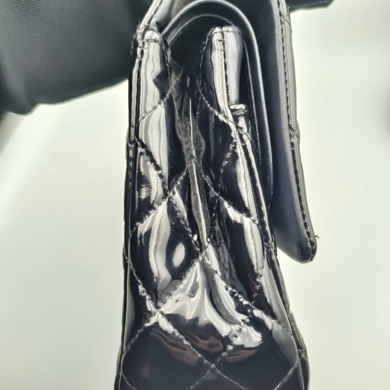 Chanel • 經典Cf 25 黑色漆皮銀釦口蓋包 中號 有購證-13