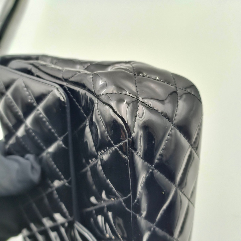 Chanel • 經典Cf 25 黑色漆皮銀釦口蓋包 中號 有購證-15