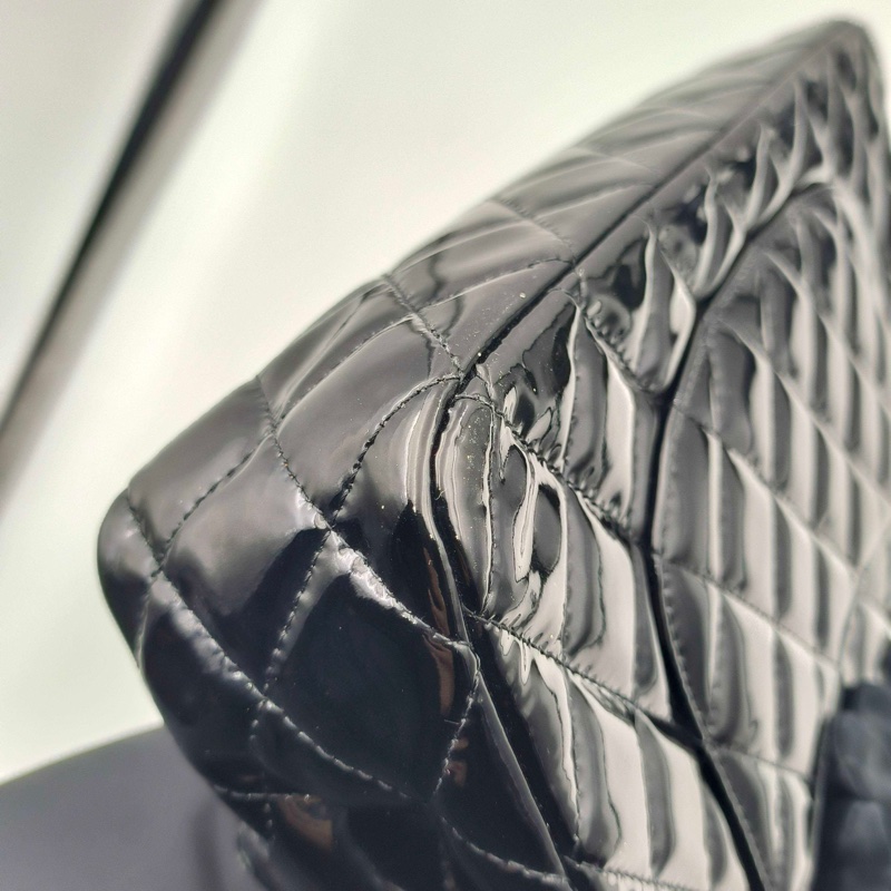 Chanel • 經典Cf 25 黑色漆皮銀釦口蓋包 中號 有購證-16