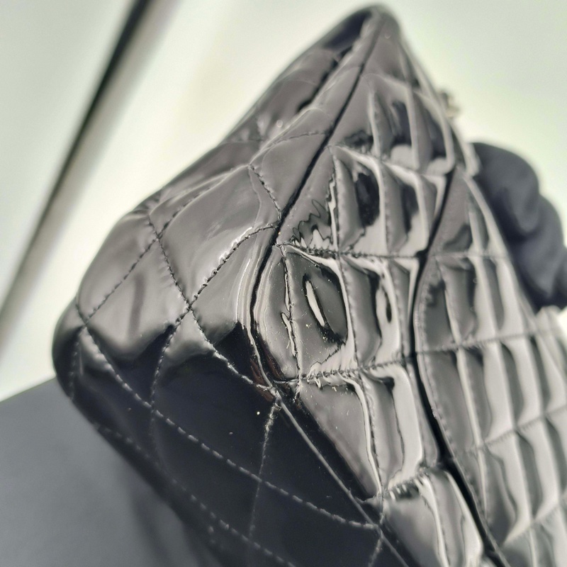 Chanel • 經典Cf 25 黑色漆皮銀釦口蓋包 中號 有購證-18