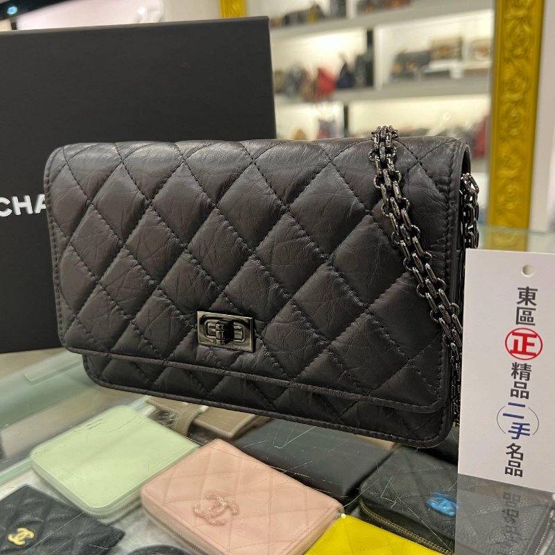 東區正精品㊣CHANEL A70328 2.55 WOC SO BLACK 近全新香奈兒黑色小牛皮黑鍊黑釦肩背包晚宴包斜背包 RZ4971-1