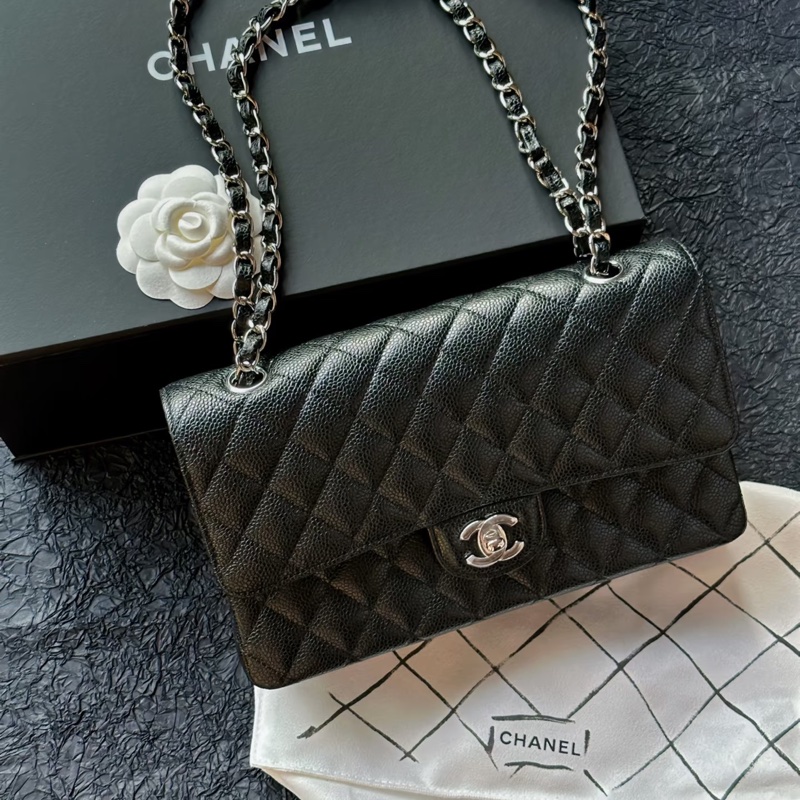 Chanel • 經典Cf 25 荔枝牛皮銀釦口蓋包 中號-0