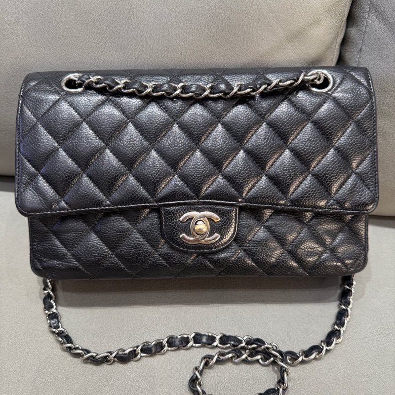 Chanel • 經典Cf 25 荔枝牛皮銀釦口蓋包 中號-4