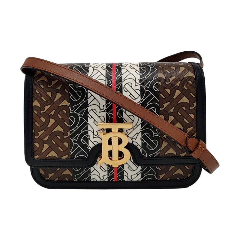 BURBERRY TB小號棕色塗層帆布TB斜挎包金色五金可拆卸肩帶-0
