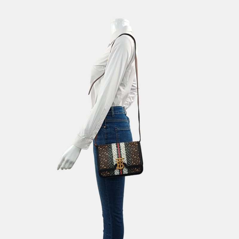 BURBERRY TB小號棕色塗層帆布TB斜挎包金色五金可拆卸肩帶-1