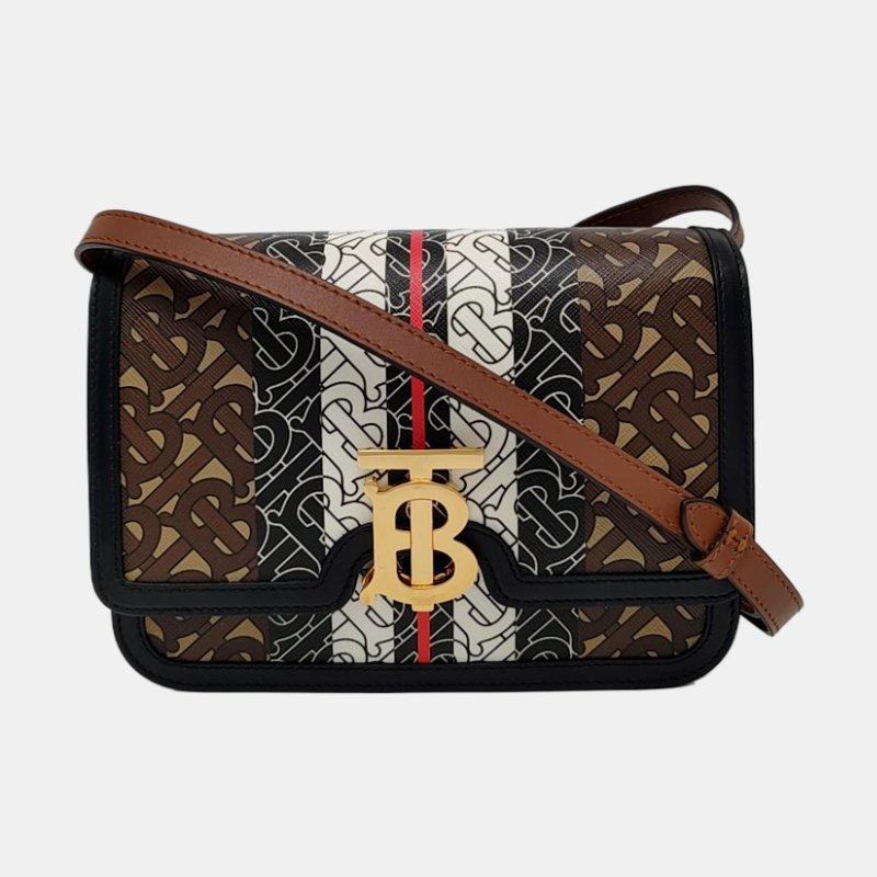 BURBERRY TB小號棕色塗層帆布TB斜挎包金色五金可拆卸肩帶-7