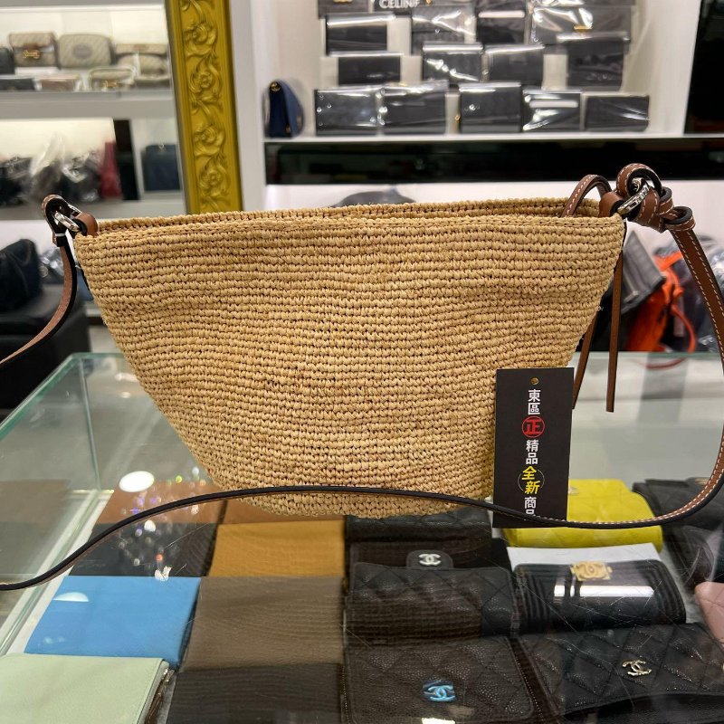 東區正精品㊣LOEWE 522010 全新草編拚牛皮拉鍊斜背包水桶包 RZ4954-4