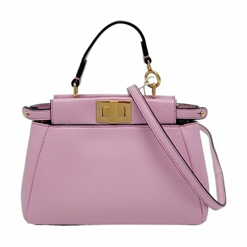 FENDI Peekaboo迷你粉色羊皮單肩包斜挎包手提包金色五金可拆卸肩帶配件齊全