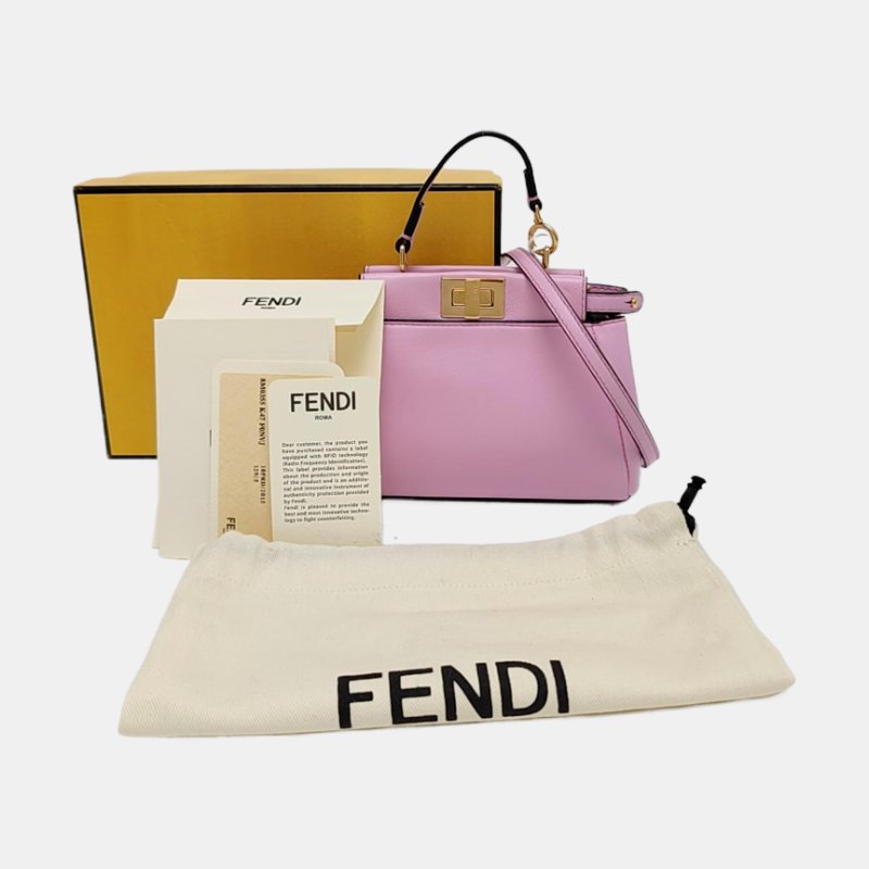 FENDI Peekaboo迷你粉色羊皮單肩包斜挎包手提包金色五金可拆卸肩帶配件齊全-7
