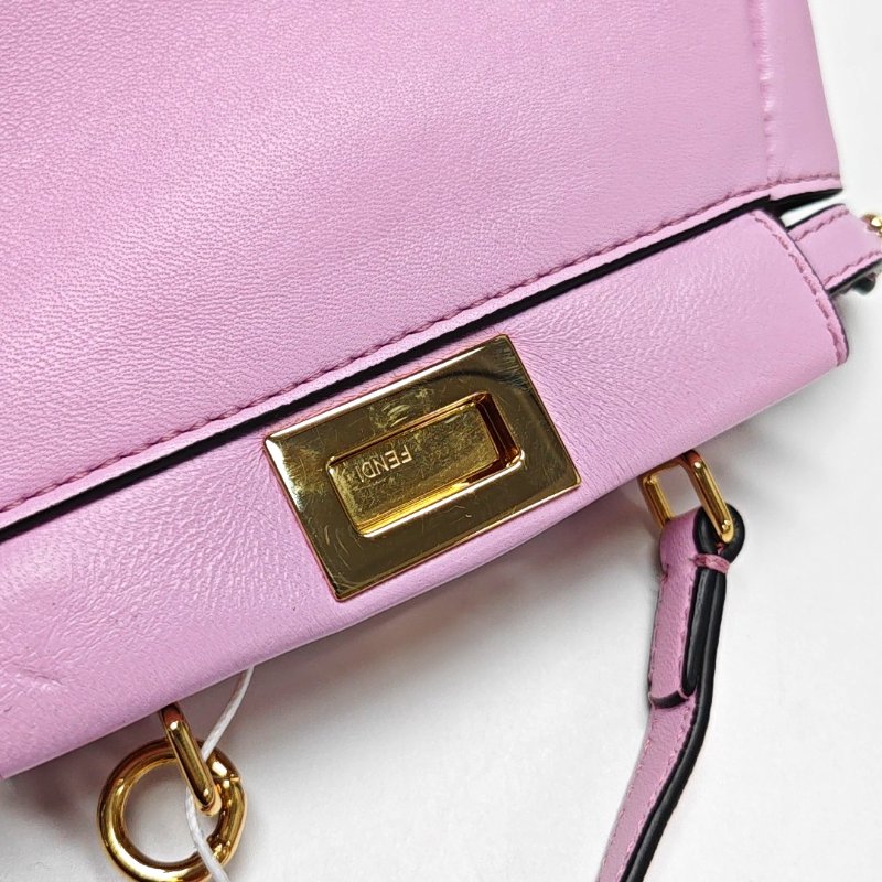 FENDI Peekaboo迷你粉色羊皮單肩包斜挎包手提包金色五金可拆卸肩帶配件齊全-8
