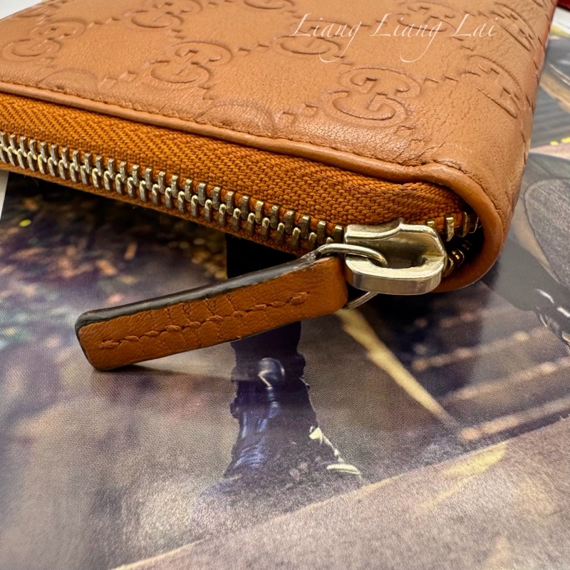 GUCCI 古馳 經典GG壓紋焦糖棕色拉鍊長夾-13