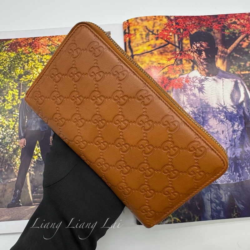 GUCCI 古馳 經典GG壓紋焦糖棕色拉鍊長夾-14