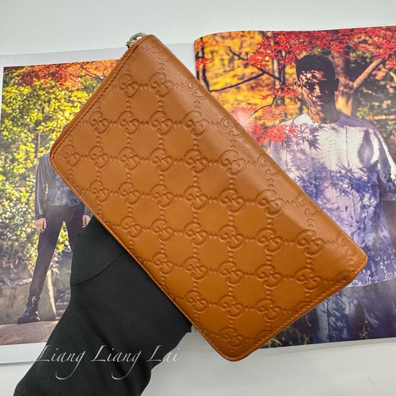 GUCCI 古馳 經典GG壓紋焦糖棕色拉鍊長夾-15