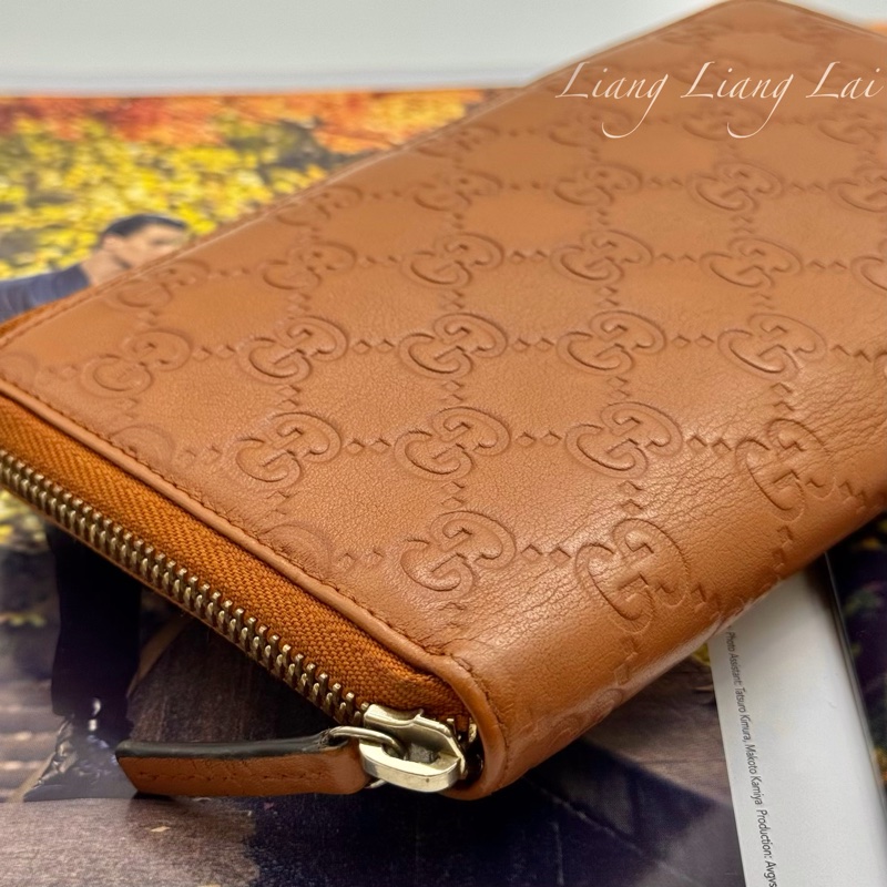 GUCCI 古馳 經典GG壓紋焦糖棕色拉鍊長夾-20